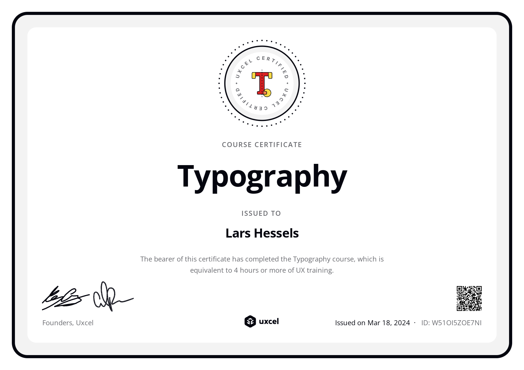 Lars Hessels's certificate